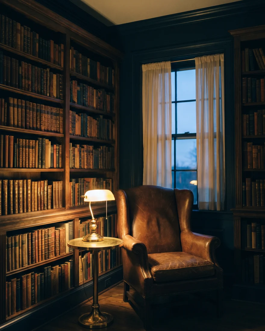 A quiet private library at dusk — a leather wingback chair beside a brass lamp, walls of leather-bound books